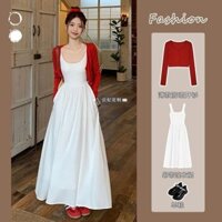 [Pre-Order] Set Áo Cardigan Mỏng, Váy 2 Dây Lụa Trắng Dáng Dài Mềm Mại Cho Mùa Hè