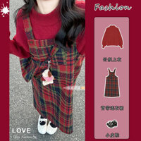 [Pre-Order] Set Áo Len Form Rộng+Váy Yếm Sọc Kẻ Dáng Dài Mùa Xuân Phong Cách Hàn Quốc