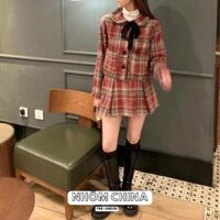 (Pre-order) Set váy tiểu thư dạ kẻ caro đỏ kèm áo khoác ngoài chân váy xếp ly phong cách Hàn Quốc cho nữ 2023