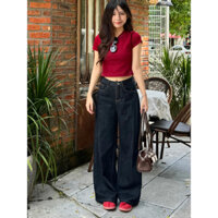 [PREMIUM - QC] Quần jeans màu xanh đậm ống rộng eo cao vibe hàn quốc