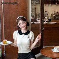 Preppy Phong Cách Hot Girl Cổ Búp Bê Dệt Kim Áo Thun Nữ Tay Ngắn