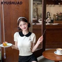 Preppy Phong Cách Hot Girl Cổ Búp Bê Dệt Kim Áo Thun Nữ Tay Ngắn
