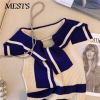 Preppy Phong Cách Khâu Áo Thun Dệt Kim Không Tay Nữ Cổ Hải Quân Áo Thiết Kế Hàng Đầu