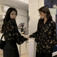 Printed Summer Top Butterfly Shirt New Hong Kong Style Long Sleeve Design Retro Loose French Minority Shirt for Women