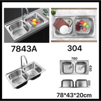 (PROTASA) Chậu rửa chén 2 hộc INOX DẬP SUS-304. Bồn rửa chén 2 ngăn. PT-7843A