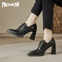 Prowow❤Giày Oxford buộc dây gót Chunky dành cho nữ có mũi vuông và đế cao su