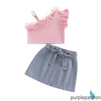 Prplepassion-little Girl Váy Trang Phục Lưới Đáng Yêu Một Vai Xù Áo Và Thắt Nơ Bộ Váy Denim