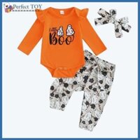 Psf Bé Gái Trang Phục Cotton Dài Tay Cổ Tròn Áo Liền Quần Thường Ngày Halloween In Quần Dài Nơ Đầu Bộ