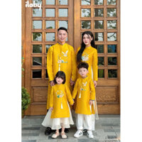 PT22 Áo dài Tết gia đình áo dài truyền thống màu vàng chất liệu tafta họa tiết lân may mắn tay phối màu nổi bật