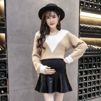 PU Đen Mẹ Váy Thời Trang Chăm Sóc Bụng Váy Ngắn Lưng Thun Đồ Váy Cho Bà Bầu Wome Mang Thai C724