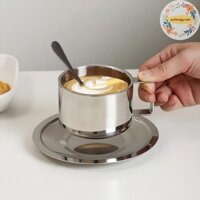 Pufanggreat 180ml / 200ml Cốc Cà Phê Hai Lớp Chống Nóng Bộ Cốc Trà Inox Có Đĩa Và Thìa VN
