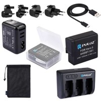 PULUZ 10 trong 1 AHDBT-501 Pin 3,85V 1220mAh + Bộ sạc pin 3 kênh AHDBT-501 + Túi lưu trữ lưới + Hộp lưu trữ pin + Bộ sạc tường 2 cổng USB 5V (2.1A + 2.1A) cho GoPro HERO7 / 6 / 5