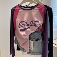 Pure Cotton American-Style Vintage Letter Print Pink Raglan Long-Sleeved T-shirt Women's Autumn 2023 New Chic Beautiful Small Shirt hg74