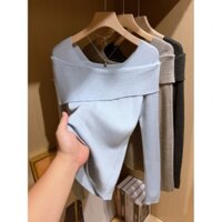 Pure Desire Blue Một Vai Dệt Kim Dài Tay Nữ Thu Đông Cao Cấp Slim-Fit Đáy Áo Sơ Mi Top