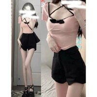 Pure Desire Cổ Vuông Màu Hồng Áo Thun Tay Ngắn Mùa Hè Nơ Niche Slim-fit Slimer Look Hot Girl