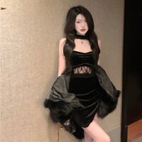 Pure Desire Hot Đầm Nhung Ngắn Ôm Hông Phối Ren Màu Đen Cổ Yếm Thời Trang Mùa Xuân Cho Nữ221027