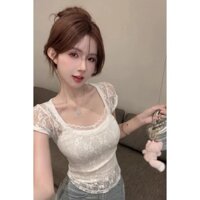 Pure Desire Hot Girl Cổ Vuông Ren Áo Thun Nữ Tay Ngắn Thiết Kế Hợp Thời Trang Niche Hẹp Mỏng Hơn Nhìn Ngắn Top 3.09