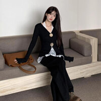 Pure Desire Hot Girl Phong Cách Cổ Chữ V Nhựa Nút Áo Thun Dài Tay Nữ Thu Đông Mỏng Hơn Nhìn Filigree-Áo Sơ Mi Nhỏ Sang Trọng Slim-fit Chia Top