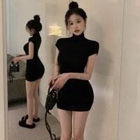 Pure Desire Style Slim-fit Váy cổ cao tay ngắn nữ Hot Girl Váy ngắn bó sát Váy hông sang trọng eo hẹp