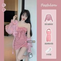 Pure Sex Wind Bow Dress Set Nữ  Mới Thiết Kế Cảm Giác Treo Cổ Hở Lưng Cô Gái Nóng Bỏng Mông Ngắn Váy