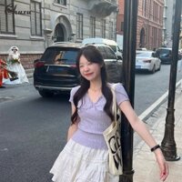 Pure Sweet Girl Cổ Chữ V Họa Tiết Hoa Dây Selvedge Áo Thun Tay Ngắn + Váy Petti Xù Phong Cách Ba Lê