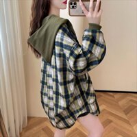 Puruitiretro Áo Khoác Sơ Mi Có Nón Họa Tiết Sọc Caro Phong Cách Thời Trang Mới Cho Nữ