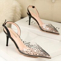 Pvc Trong Suốt Cao Gót Prom Cưới Nữ Sandal Kim Loại Bạc Vàng Kim Cương Giả 3 inch Stiletto Giày Cao Gót