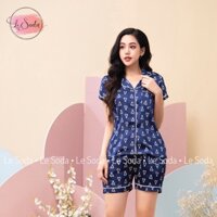 Pyjamas lụa quần đùi navy tim