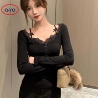 Q-yo Áo hai mảnh giả gợi cảm dành cho nữ Áo thun dài tay ren màu trơn mới