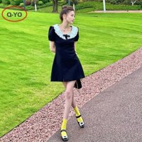 Q-yo Hepburn Phong Cách Đen Peter Pan Cổ Áo Mùa Hè Nữ Chữ A Thường Ngày Mini Đầm Mới