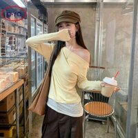 Q-yo Ngọt Ngào Hàn Quốc Ren Chắp Vá Áo Thun Dài Tay Không Đều Mỏng Cho Nữ Mới