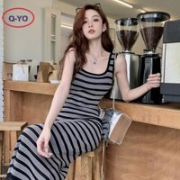 Q-yo Nữ Retro Sọc Dệt Kim Váy Ôm Không Tay Bodycon Đầm Hàn Quốc Mới