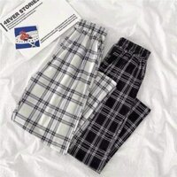 Q002 Quần ống rộng thô đũi kẻ caro cạp chun lưng cao cute, quần culottes ống suông dài karo vintage retro nam nữ