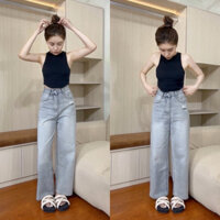 [Q120] Quần jean suông nữ lưng cao màu xanh bạc phối rách túi