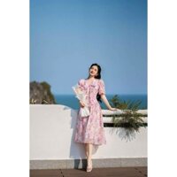 Q259 Đầm midi Cổ V, Đầm Voan Hoa đi biển, dạo phố (eo 60-72cm)