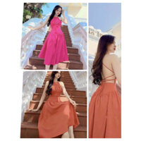 Q365 Đầm Nữ Đi Biển Đan Dây Lưng Cổ Yếm Gợi Cảm (eo 60-74cm)