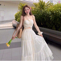Q412 Set Đồ Nữ Đi Biển Gồm Áo Cổ Yếm Kết Hoa Cổ Nhún Thun Lưng Phối Váy Xoè Điệu Đà (eo 60-78cm mặc vừa)