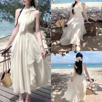 Q532 Đầm Váy Maxi Nữ Vải Voan Phối Phụ Kiện Cổ Mix Nơ Xinh Xắn Để Đi Biển, Đi Dạo, Đi Chơi (eo 70cm) Women, Trắng Kem