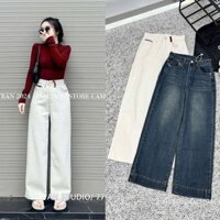 [Q7794] QUẦN JEANS SUÔNG GẤU TO PHỐI TAG NÂU metwo.dearu - Quần bò dài denim dáng vừa ống rộng cạp cao dày dặn Hàn Quốc