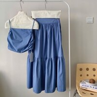 (QC-Bao Chất) Set Váy Đầm Hai Dây Dáng Dài Midi WG.WE Brand 2 Món Áo+Chân Váy Xoè 2 Tầng Size S/M