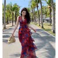 QC. Đầm hoa dài xoè 5 tầng cột dây eo (có mút ngực) màu y hình dễ thương, sexy cho nàng đi chơi, du lịch