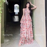 QC_ Đầm xoè maxi Chất Voan hoa cột dây eo (có mút ngực) cho nàng mặc đi du lịch biển quyến rũ xinh đẹp