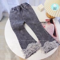 QG07 - Quần bé gái, quần jean cho bé gái, ống loe đính hạt mix ren từ 8-23kg