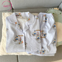 QHST Bộ Đồ Ngủ Nữ Vịt chấm bi xanh Mây Cotton Quần short ngắn tay nhập khẩu