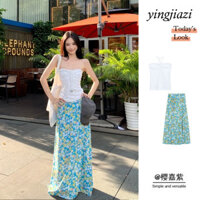 Qi HAO Đi Biển Phong Cách Kỳ Nghỉ Phù Hợp Với Nữ Mùa Hè Pháp Dây Rút Ống Top Áo Váy Hoa Xanh Bộ Đồ Hai Mảnh 0307