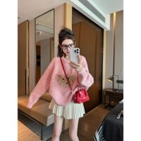 Qi HAO Hồng Hoạt Hình Cổ Tròn Áo Len Nữ Mùa Đông Dày Phong Cách Hàn Quốc Ngọt Ngào Giảm Tuổi Sữa fufu Đế Lười Dệt Kim Hợp Thời Trang 1124