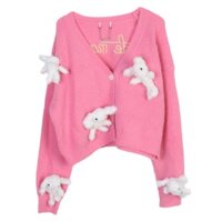 Qi Wei Celebrity Style Chic Sweet Youthful Knitted Cardigan with Bunny Bear Doll Design Short Cardigan Sweater