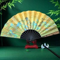 Qianli Jiangshantu 33cm Quạt Gấp Nam Quạt Trung Quốc Hai Mặt Vải Lụa Cổ Điển Quạt Cổ Hanfu Phong Cách Mùa Hè