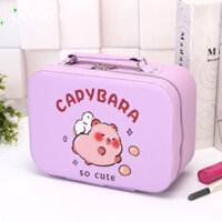 Qianluo Mini POOU Hành lý, Vali di động Capybara hoạt hình, Dây kéo thông thường Gương tổ chức vuông Hộp trang điểm ngoài trời nhỏ