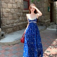 Qianqian QQ Hàng Mới Về Khuyến Mãi Tóc Thẳng Tính Khí Pháp Đi Biển Kỳ Nghỉ Hoa Xanh Đầm Nữ Mùa Hè Phong Cách Mới Khâu Ren Cao Cấp Váy Dài